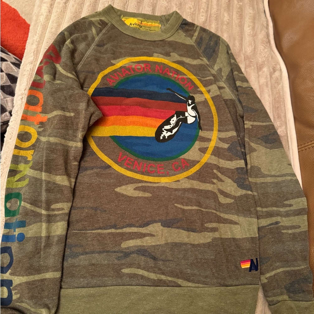 Aviator Nation Camo Crewneck Sweatshirt with Multicolor Logo